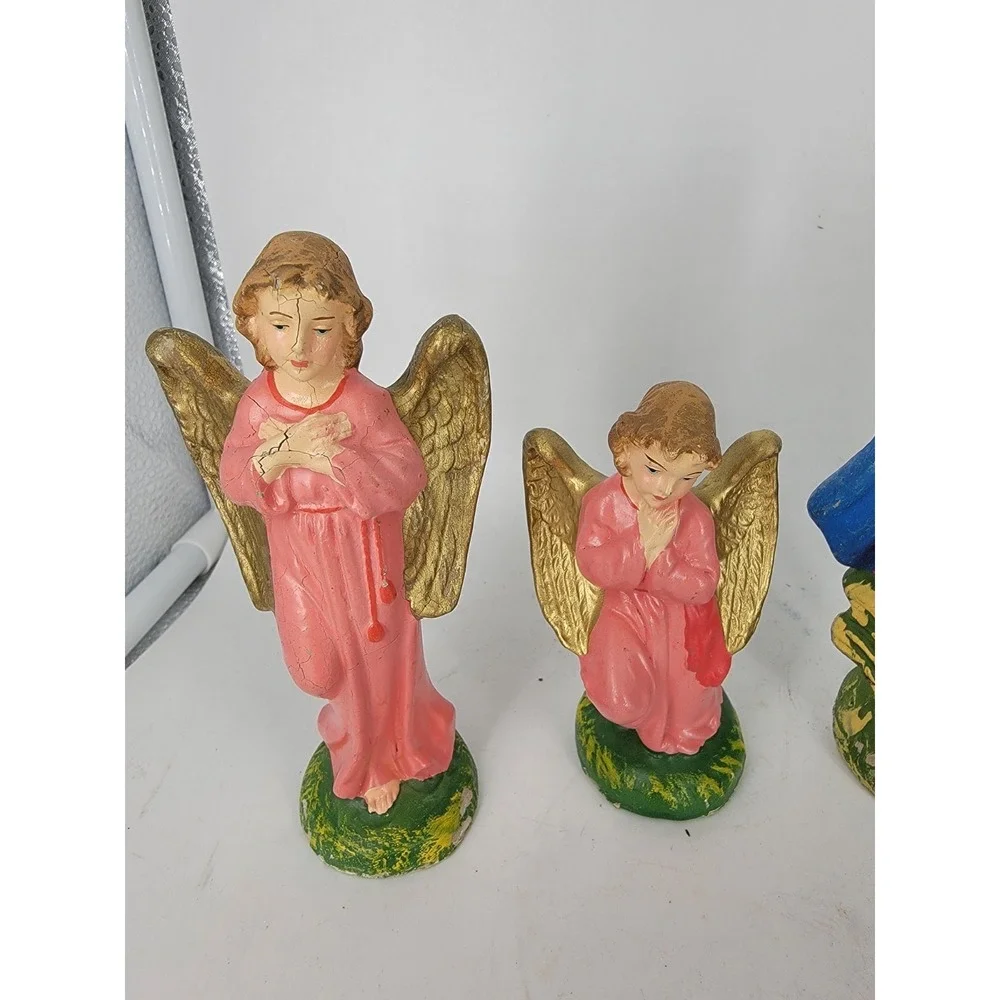 VTG Nativity Figures Stamped Made In ITALY Paper Mache Creche Chalk Set 5 50-60s